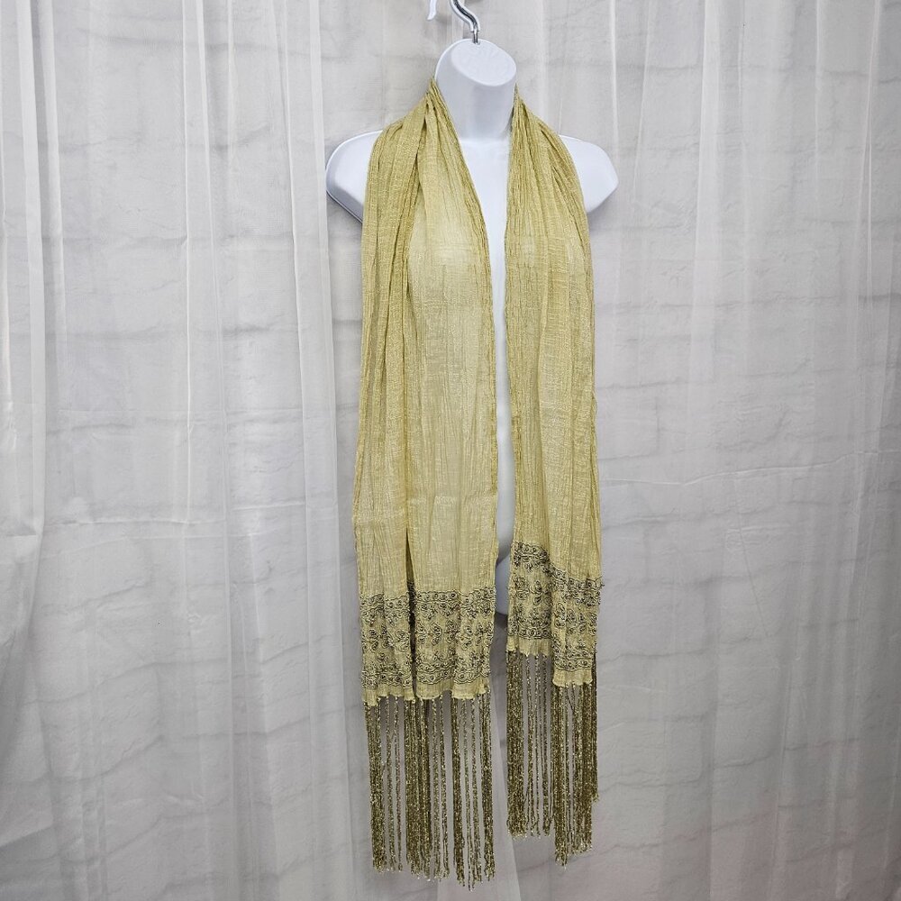 Green Boho Sheer Beaded Embroidered Shimmery Fringed Scarf - Picture 8 of 12